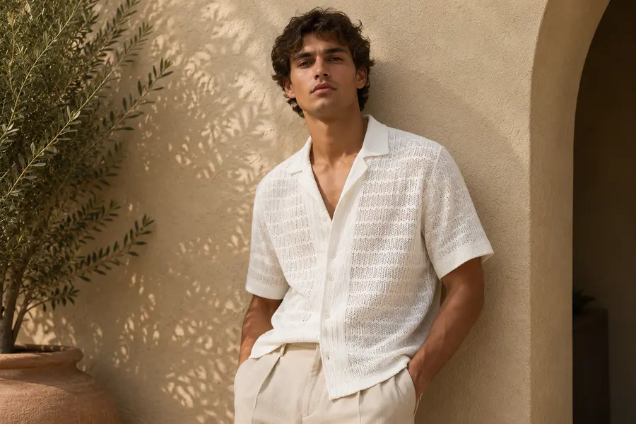 Reiss - Chemise à col cubain en crochet à chevrons, Off White