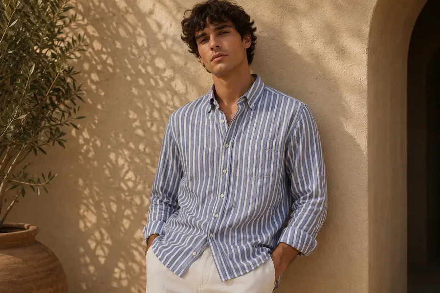 Chemise Gaspard de Figaret en lin rayé bleu
