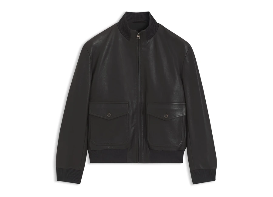 Le blouson en cuir noir BOSS BY BECKHAM, avec col et finitions côtelées.