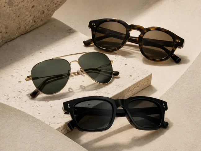 Lunettes de soleil de luxe homme sur pierre texturée